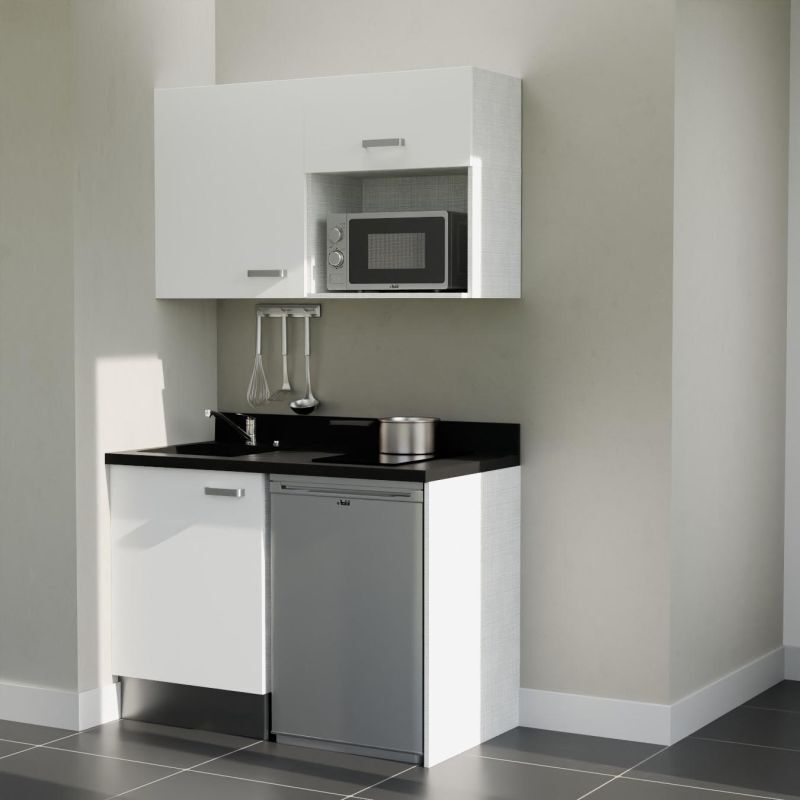 Kitchenette K07L - 120 cm - plan monobloc évier intégré Nero- évier à gauche - Façades Blanc + Electroménager inclus coloris Inox