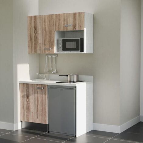 Kitchenette K07L - 120 cm - plan monobloc évier intégré Snova- évier à gauche - Façades Bois + Electroménager inclus coloris Inox