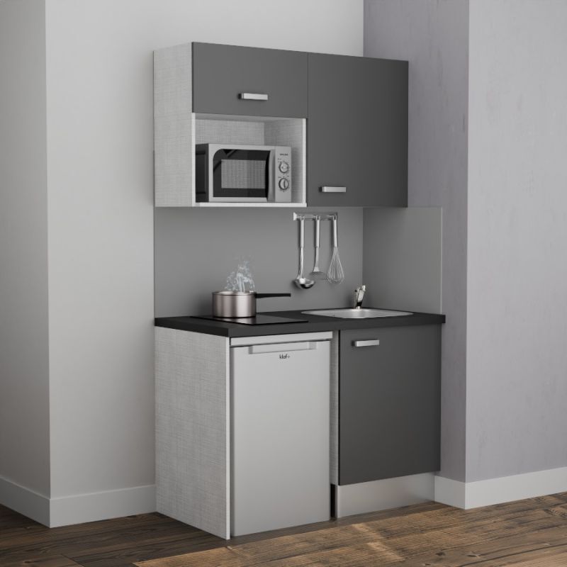 Kitchenette K07L-PT - 120 cm avec plan de travail et évier, emplacements frigo et micro-ondes - Façade Gris - Plan Noir - Evier Inox - Crédences Non