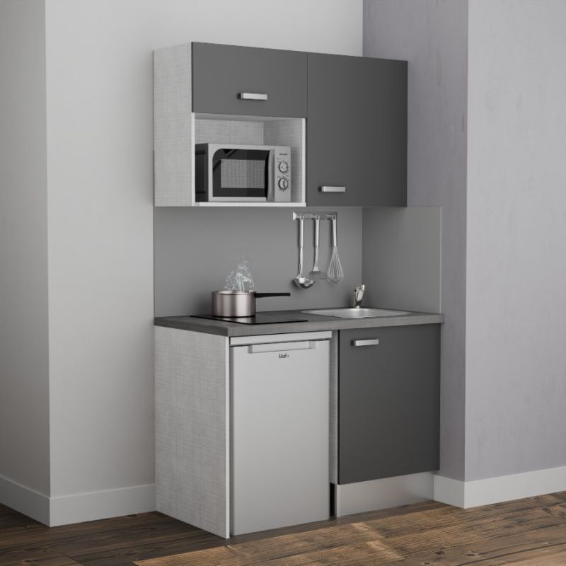 Kitchenette K07L-PT - 120 cm avec plan de travail et évier, emplacements frigo et micro-ondes - Façade Gris - Plan Gris - Evier Inox - Crédences Non