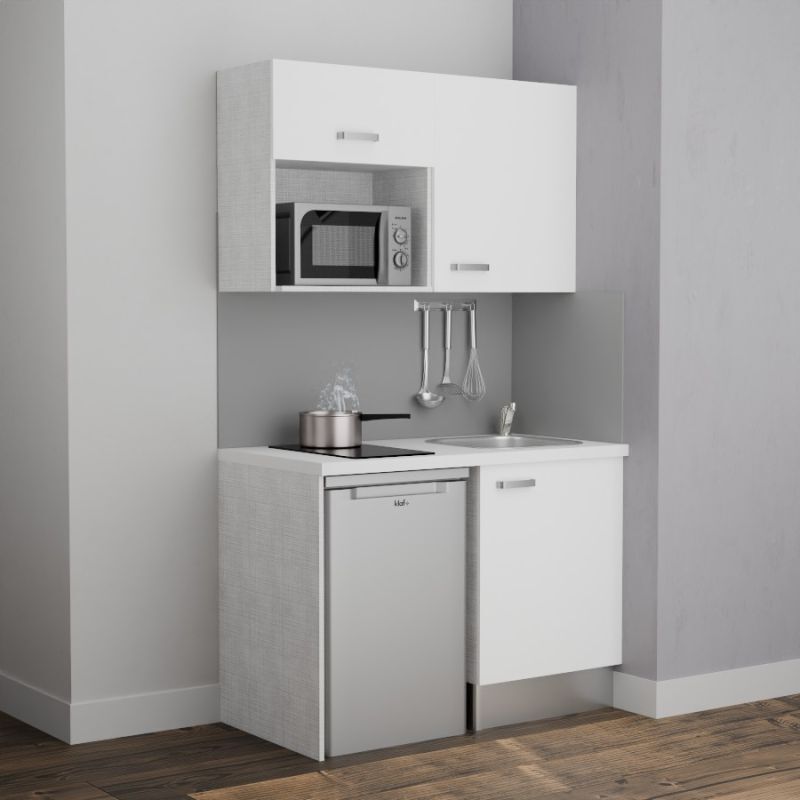 Kitchenette K07L-PT - 120 cm avec plan de travail et évier - Façade Blanc - Plan Blanc - Crédences Non