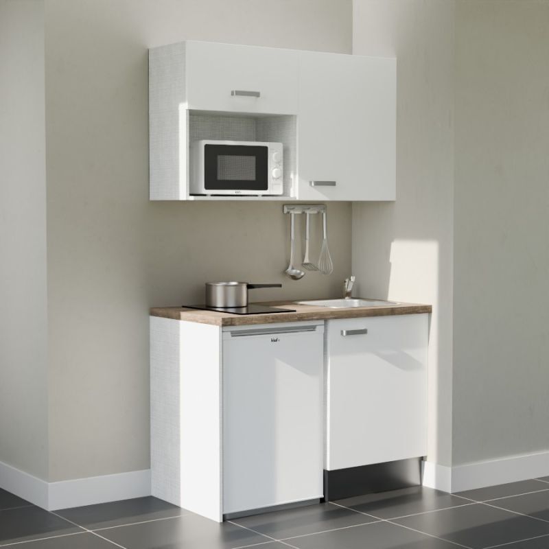 Kitchenette K07L-PT - 120 cm avec plan de travail et évier, emplacements frigo et micro-ondes - Façade Blanc - Plan Bois - Evier Inox - Crédences Non