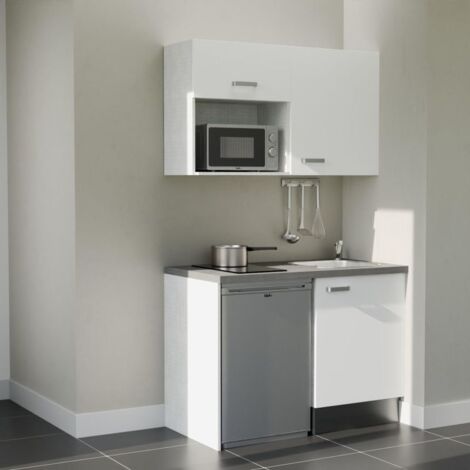 Kitchenette K07L-PT - 120 cm - plan stratifié, évier inox, - Façade Blanc - Plan Gris béton - Evier Inox - Crédences Non + Electroménager inclus coloris Inox
