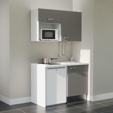 Kitchenette K07L-PT - 120 cm - plan stratifié, évier inox, - Façade Gris - Plan Blanc - Crédences Non + Electroménager inclus coloris Blanc