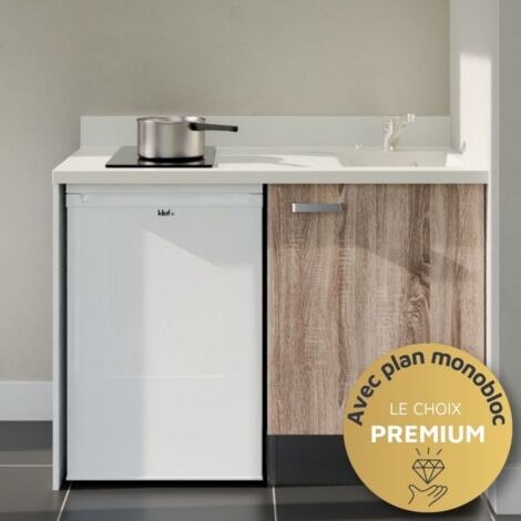 Kitchenette K08L - 120 cm avec plan monobloc et emplacement frigo top-Bois-Snova-évier à droite