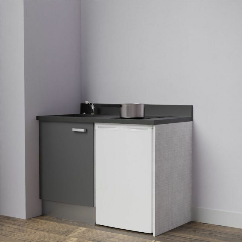 Kitchenette K08L - 120 cm avec plan monobloc et emplacement frigo top-Gris-Nero-évier à gauche