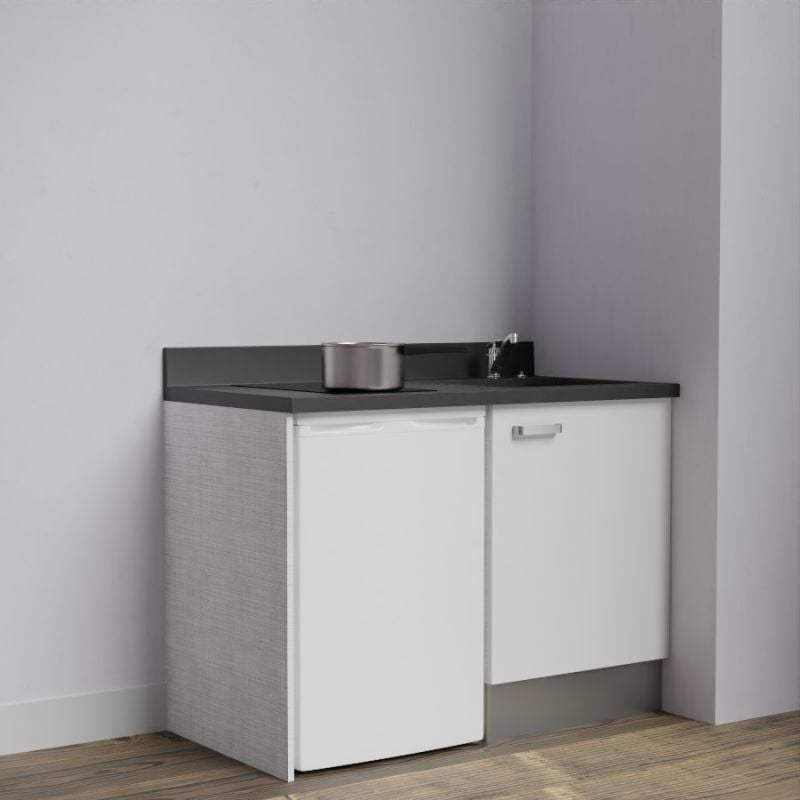 Kitchenette K08L - 120 cm avec plan monobloc et emplacement frigo top-Blanc-Nero-évier à droite