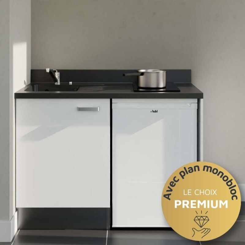 Kitchenette K08L - 120 cm - plan monobloc évier intégré Nero- évier à gauche - Façades Blanc + Electroménager inclus coloris Blanc