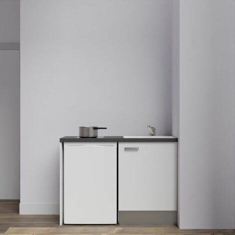 Kitchenette K08L-PT - 120 cm avec plan de travail et évier - emplacement frigo - Façade Blanc - Plan Noir texturé - Evier Inox - Crédences Non