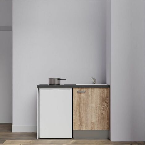 Kitchenette K08L-PT - 120 cm avec plan de travail et évier - emplacement frigo - Façade Bois - Plan Noir texturé - Evier Inox - Crédences Non
