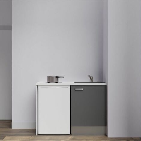 Kitchenette K08L-PT - 120 cm avec plan de travail et évier - emplacement frigo Façade Gris - Plan Blanc - Evier Noir