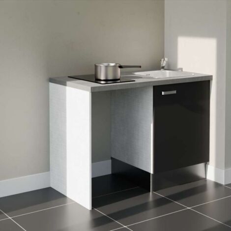 Kitchenette K08L-PT - 120 cm avec plan de travail et évier - emplacement frigo - Façade Noir - Plan Gris béton - Evier Inox - Crédences Non