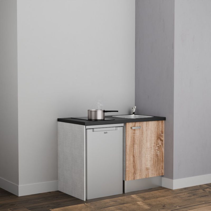 Kitchenette K08L-PT - 120 cm avec plan de travail et évier - emplacement frigo - Façade Bois - Plan Noir - Evier Inox - Crédences Non