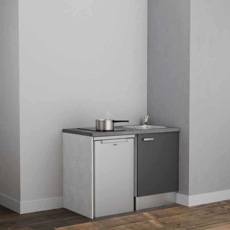 Kitchenette K08L-PT - 120 cm avec plan de travail et évier - emplacement frigo - Façade Gris - Plan Gris - Evier Inox - Crédences Non