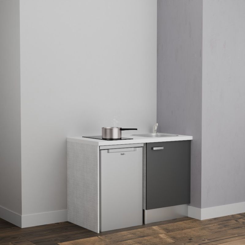 Kitchenette K08L-PT - 120 cm avec plan de travail et évier - Façade Gris - Plan Blanc - Crédences Non