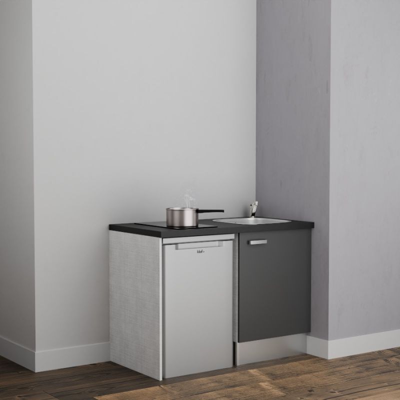 Kitchenette K08L-PT - 120 cm avec plan de travail et évier - emplacement frigo - Façade Gris - Plan Noir - Evier Inox - Crédences Non