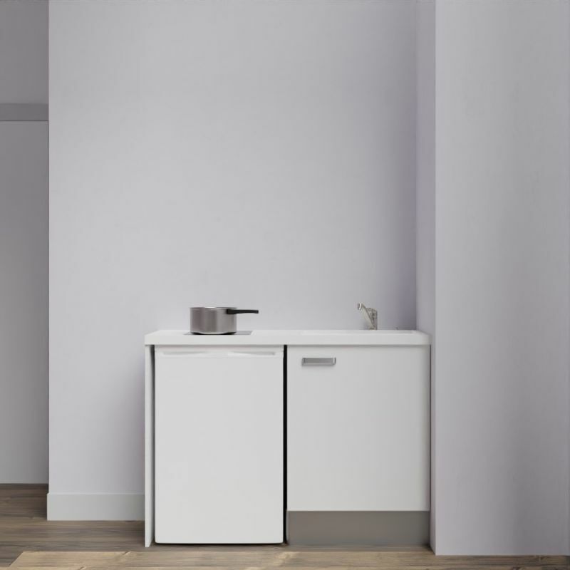 Kitchenette K08L-PT - 120 cm avec plan de travail et évier - emplacement frigo Façade Blanc - Plan Blanc - Evier Blanc