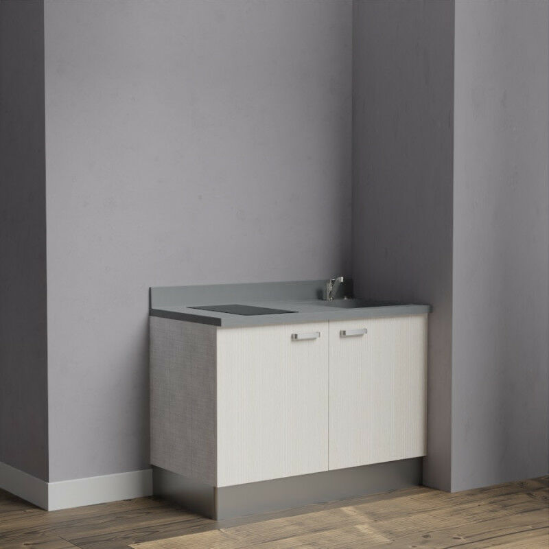 Kitchenette 120 - Kitchenette K09 - 120 cm avec rangements | CROMO - PIN BLANC - Vasque à droite