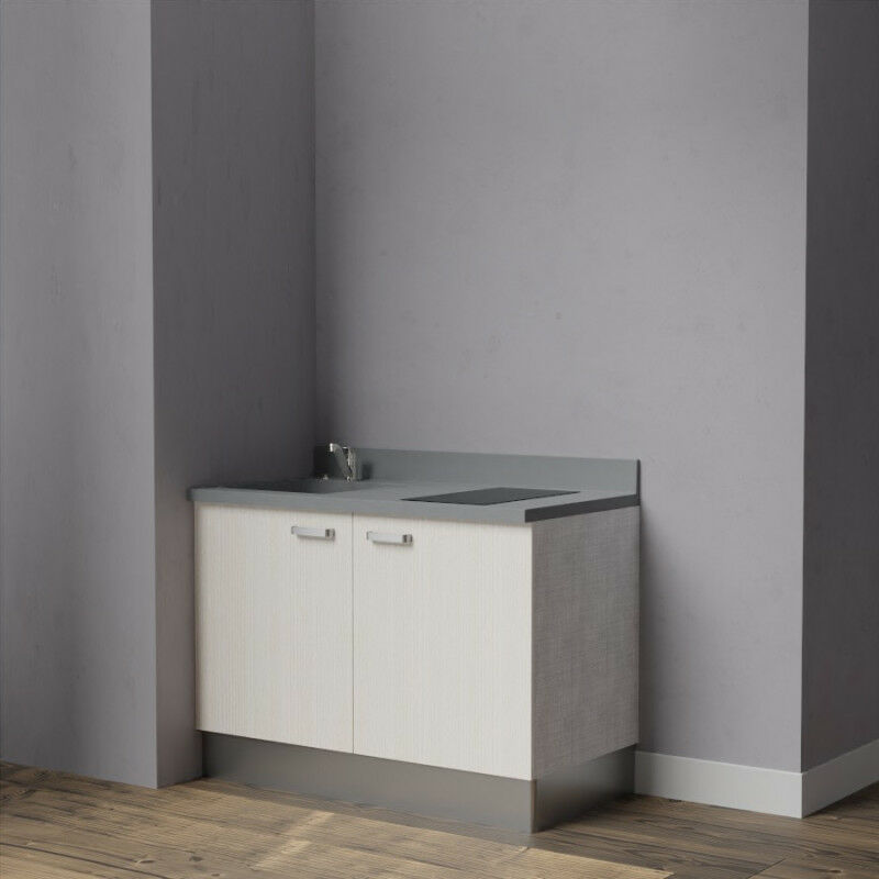 Kitchenette K09 - 120 cm avec rangements | CROMO - PIN BLANC - Vasque à gauche