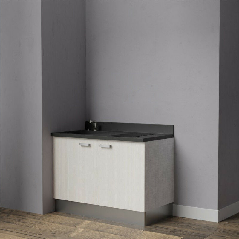 Kitchenette K09 - 120 cm avec rangements | NERO - PIN BLANC - Vasque à gauche