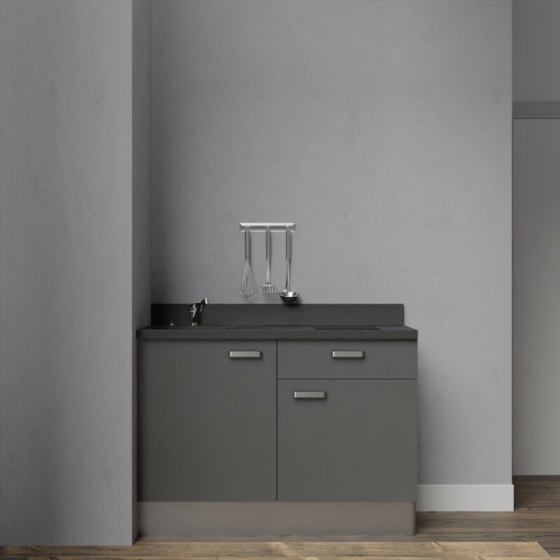 Kitchenette K10 - 120 cm avec rangements et un tiroir | MACADAM - NERO - Vasque à gauche