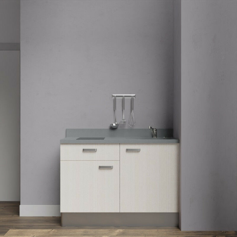Kitchenette K10 - 120 cm avec rangements et un tiroir | CROMO - PIN BLANC - evier-a-droite
