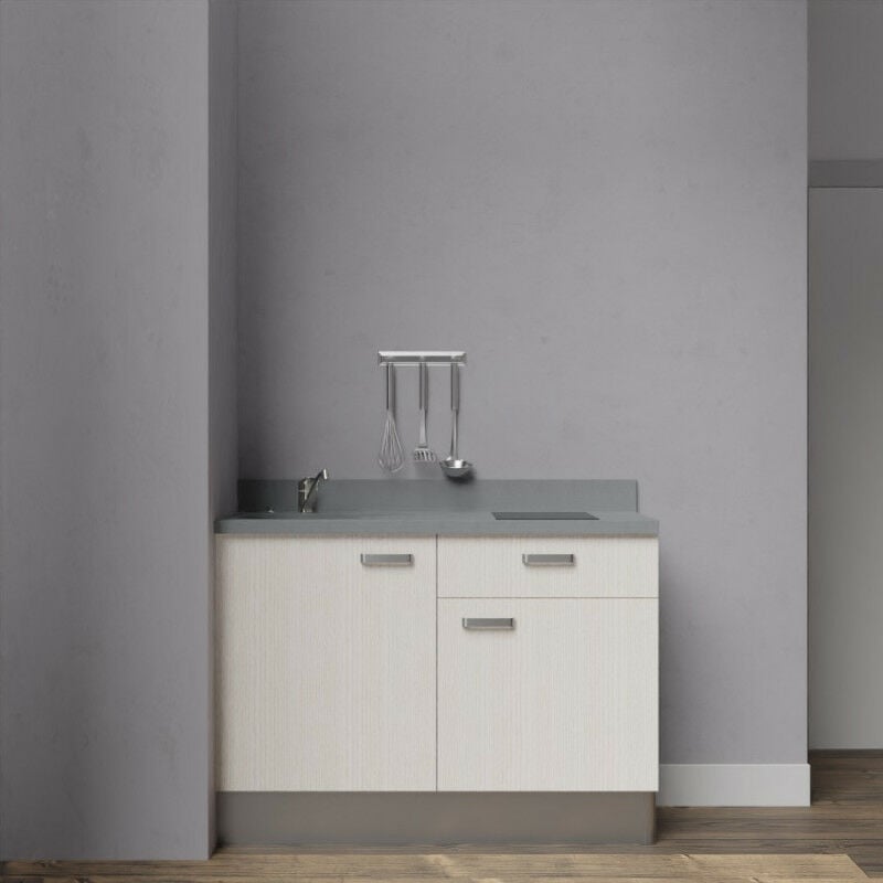 Kitchenette K10 - 120 cm avec rangements et un tiroir | CROMO - PIN BLANC - evier-a-gauche