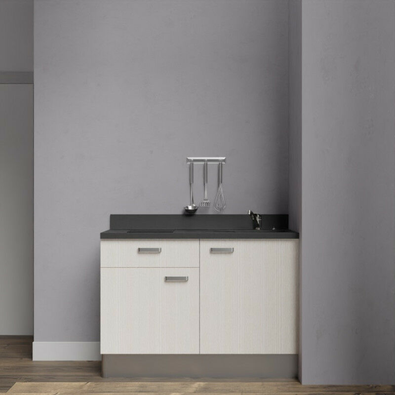 Kitchenette 120 - Kitchenette K10 - 120 cm avec rangements et un tiroir | NERO - PIN BLANC - Vasque à droite