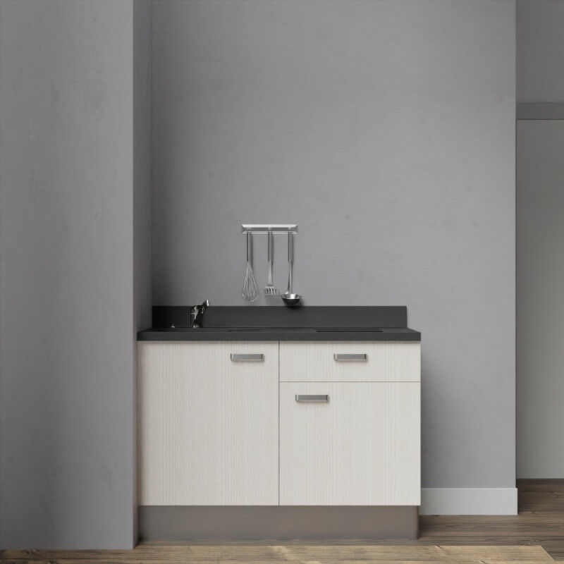 Kitchenette 120 - Kitchenette K10 - 120 cm avec rangements et un tiroir | NERO - PIN BLANC - Vasque à gauche