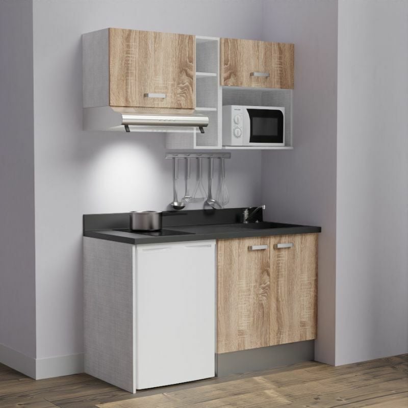 Kitchenette K13L - 140 cm - emplacements frigo, hotte et micro-ondes-Bois-Nero-évier à droite