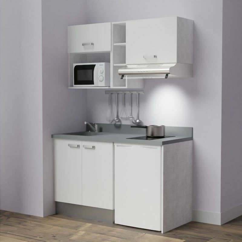 Kitchenette K13L - 140 cm - emplacements frigo, hotte et micro-ondes-Blanc-Cromo-évier à gauche