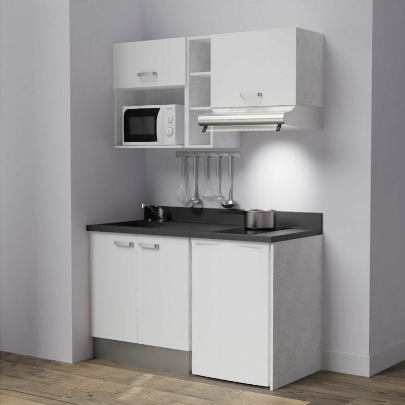 Kitchenette K13L - 140 cm - emplacements frigo, hotte et micro-ondes-Blanc-Nero-évier à gauche