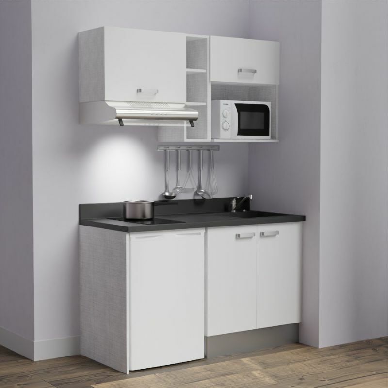 Kitchenette K13L - 140 cm - emplacements frigo, hotte et micro-ondes-Blanc-Nero-évier à droite