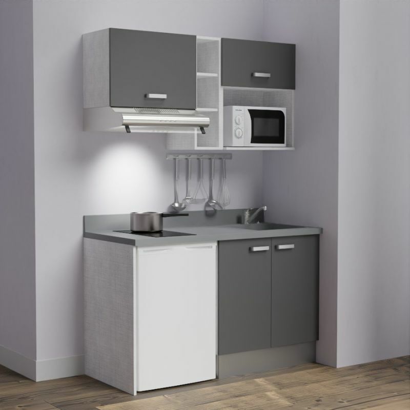 Kitchenette K13L - 140 cm - emplacements frigo, hotte et micro-ondes-Gris-Cromo-évier à droite