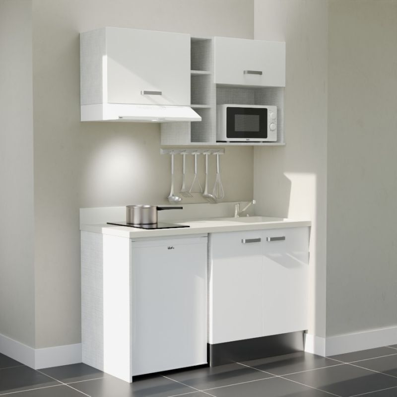 Kitchenette K13L - 140 cm - plan monobloc évier intégré Snova- évier à droite - Façades Blanc + Electroménager inclus coloris Blanc