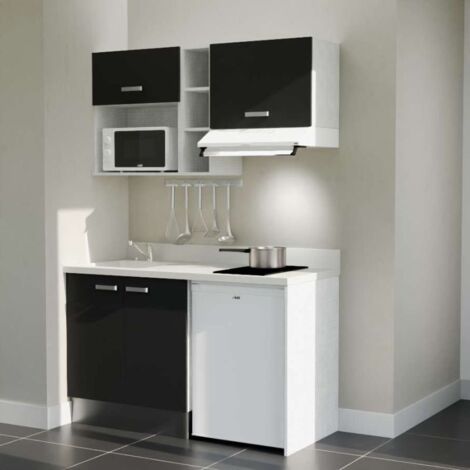 Kitchenette K13L - 140 cm - plan monobloc évier intégré Snova- évier à gauche - Façades Noir + Electroménager inclus coloris Blanc