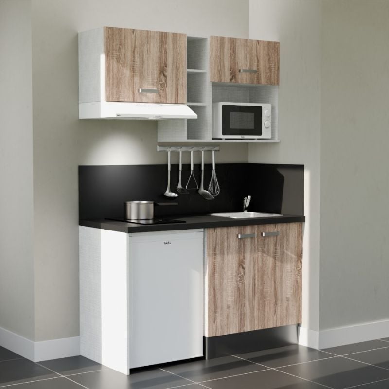 Kitchenette K13L-PT - 140 cm avec plan de travail et évier - Façade Bois - Plan Noir - Evier Inox - Crédences Oui