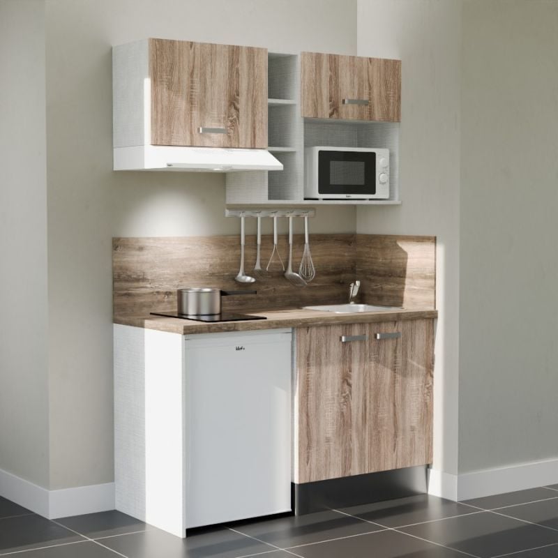 Kitchenette K13L-PT - 140 cm avec plan de travail et évier - Façade Bois - Plan Bois - Evier Inox - Crédences Oui