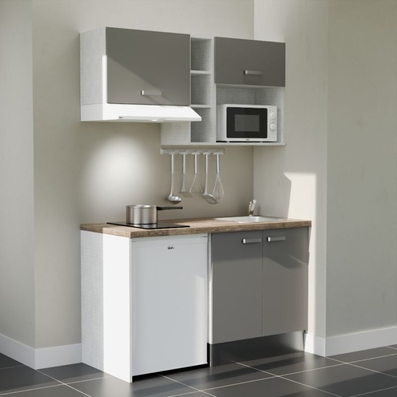 Kitchenette K13L-PT - 140 cm avec plan de travail et évier - Façade Gris - Plan Bois - Evier Inox - Crédences Non
