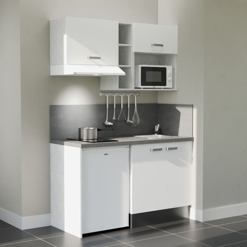 Kitchenette K13L-PT - 140 cm avec plan de travail et évier - Façade Blanc - Plan Gris - Evier Inox - Crédences Oui