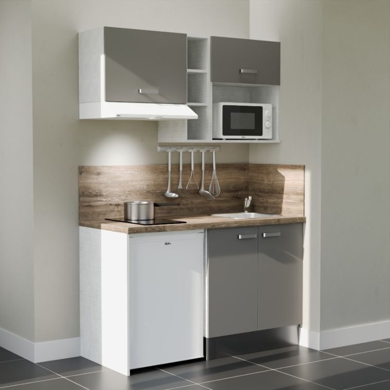 Kitchenette K13L-PT - 140 cm avec plan de travail et évier - Façade Gris - Plan Bois - Evier Inox - Crédences Oui