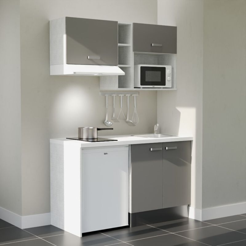 Kitchenette K13L-PT - 140 cm avec plan de travail et évier - Façade Gris - Plan Blanc - Crédences Non