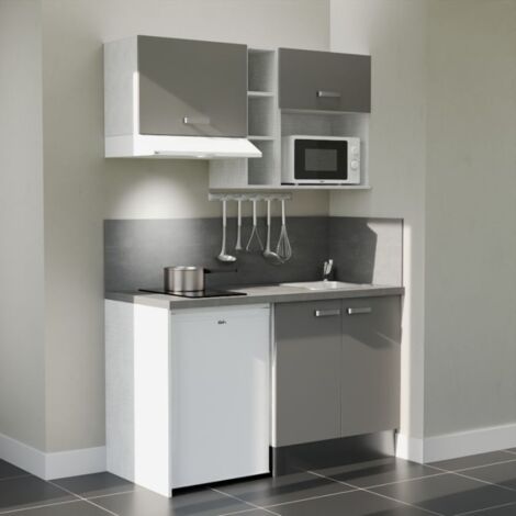 Kitchenette K13L-PT - 140 cm avec plan de travail et évier - Façade Gris - Plan Gris - Evier Inox - Crédences Oui