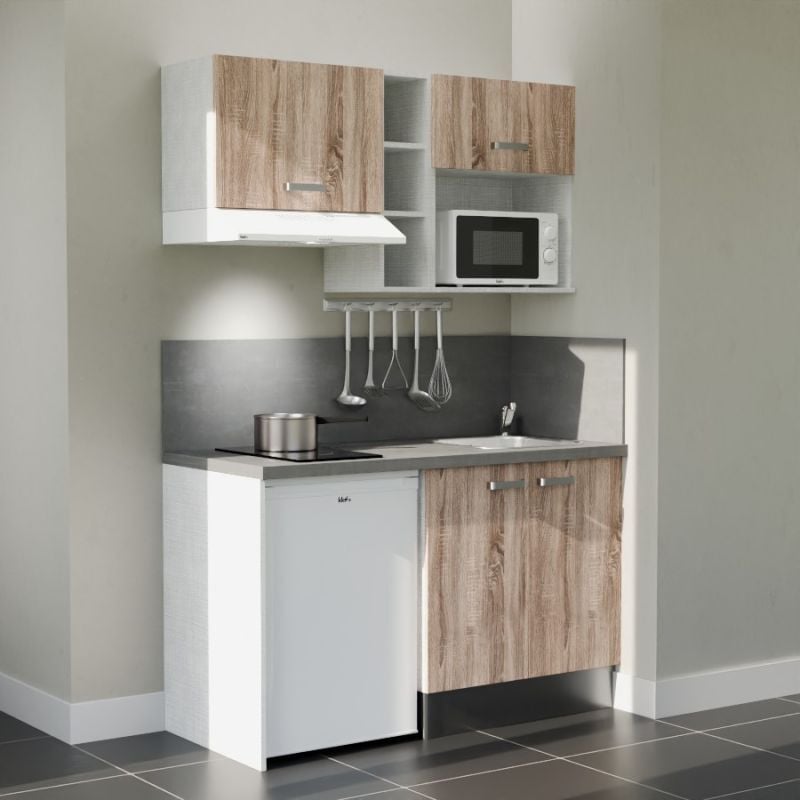 Kitchenette K13L-PT - 140 cm - plan stratifié, évier inox, - Façade Bois - Plan Gris béton - Evier Inox - Crédences Oui + Electroménager inclus