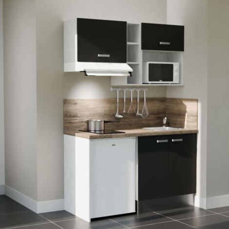 Kitchenette K13L-PT - 140 cm - plan stratifié, évier inox, - Façade Noir - Plan Bois - Evier Inox - Crédences Oui + Electroménager inclus coloris Blanc