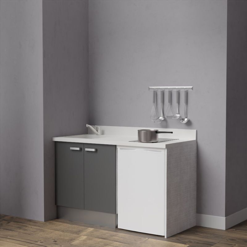Kitchenette K17L - 140 cm avec plan monobloc et emplacement frigo top-Gris-Snova-évier à gauche