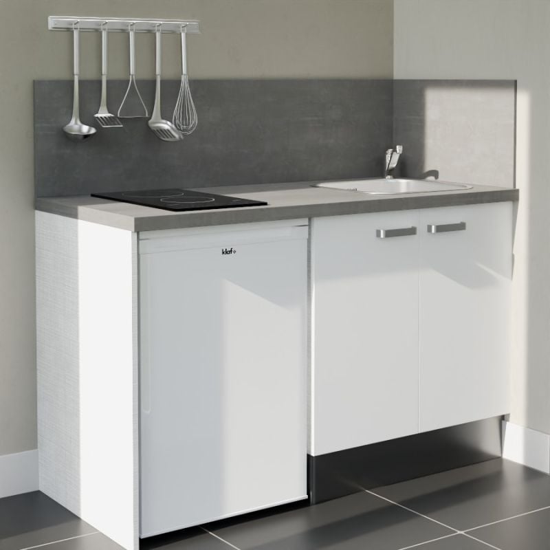 Kitchenette K17L-PT - 140 cm avec plan de travail et évier - Façade Blanc - Plan Gris - Evier Inox - Crédences Oui