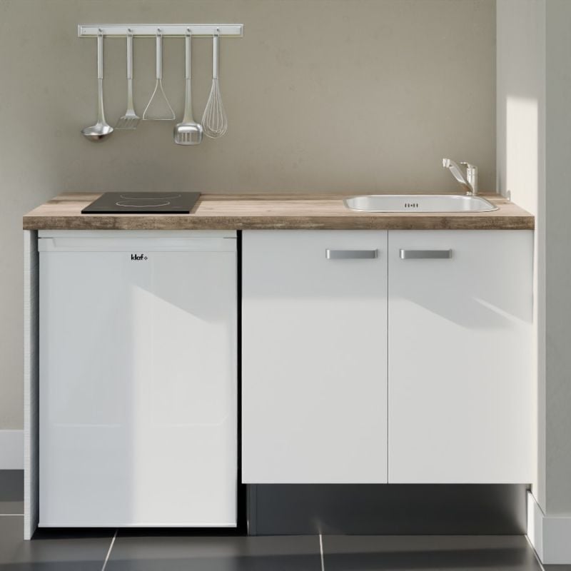 Kitchenette K17L-PT - 140 cm avec plan de travail et évier - Façade Blanc - Plan Bois - Evier Inox - Crédences Non