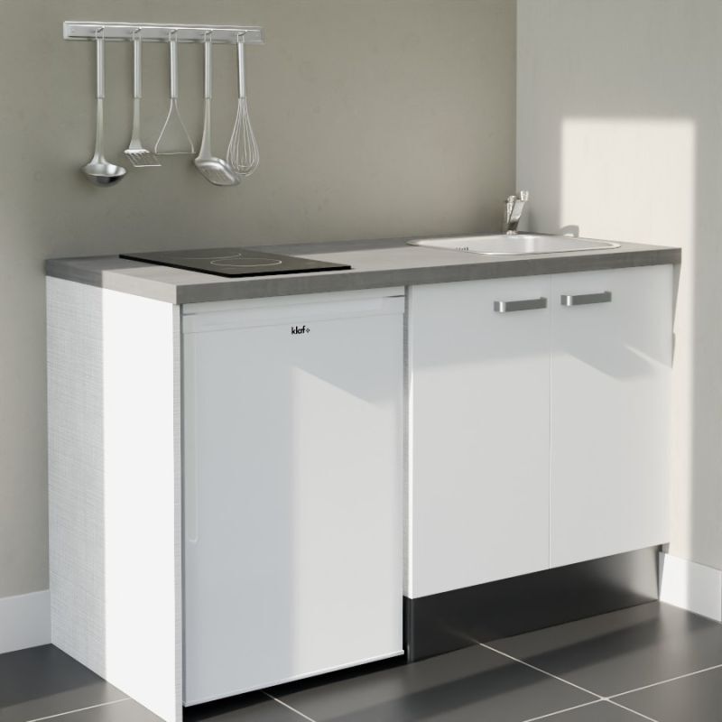 Kitchenette K17L-PT - 140 cm avec plan de travail et évier - Façade Blanc - Plan Gris - Evier Inox - Crédences Non