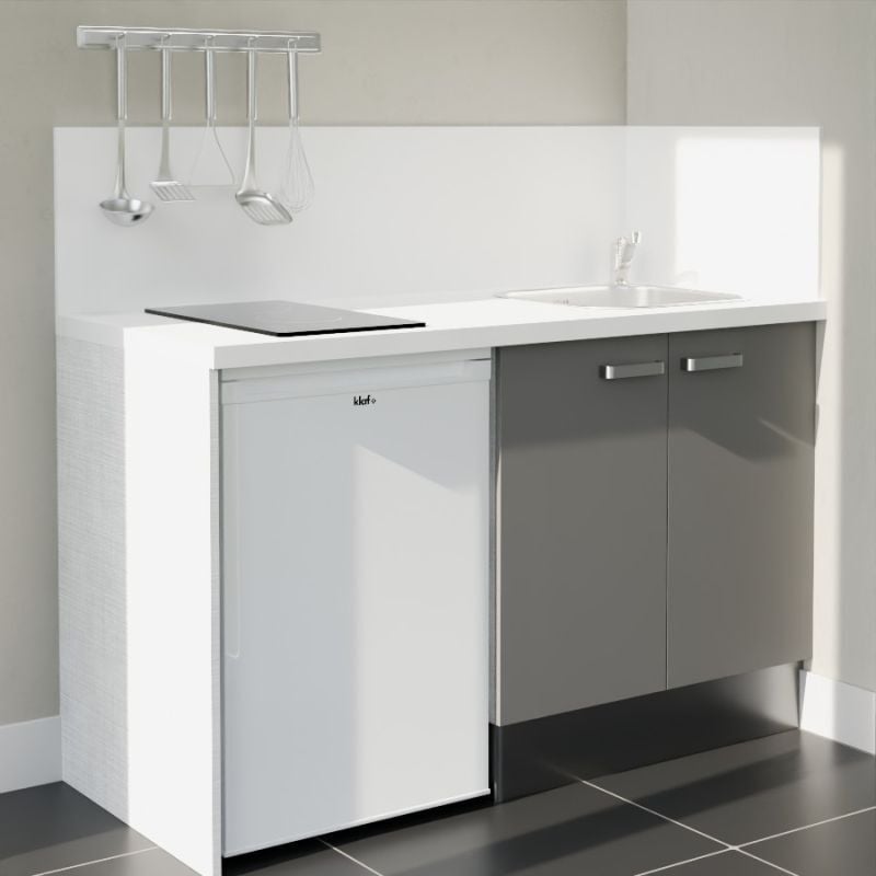 Kitchenette K17L-PT - 140 cm avec plan de travail et évier - Façade Gris - Plan Blanc - Crédences Oui